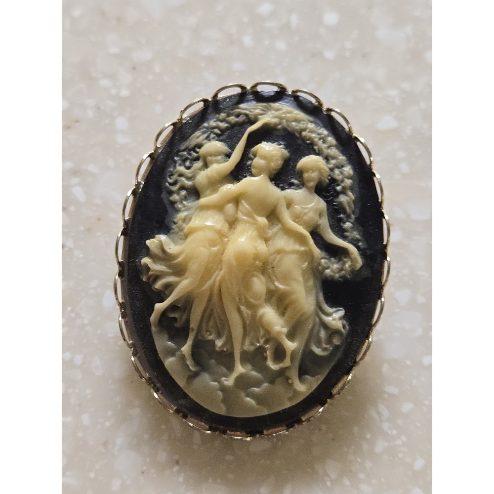 Cameo 3 Dancing Nymphs Muses Graces Brooch Pin Blue Cream Relief Filigree
